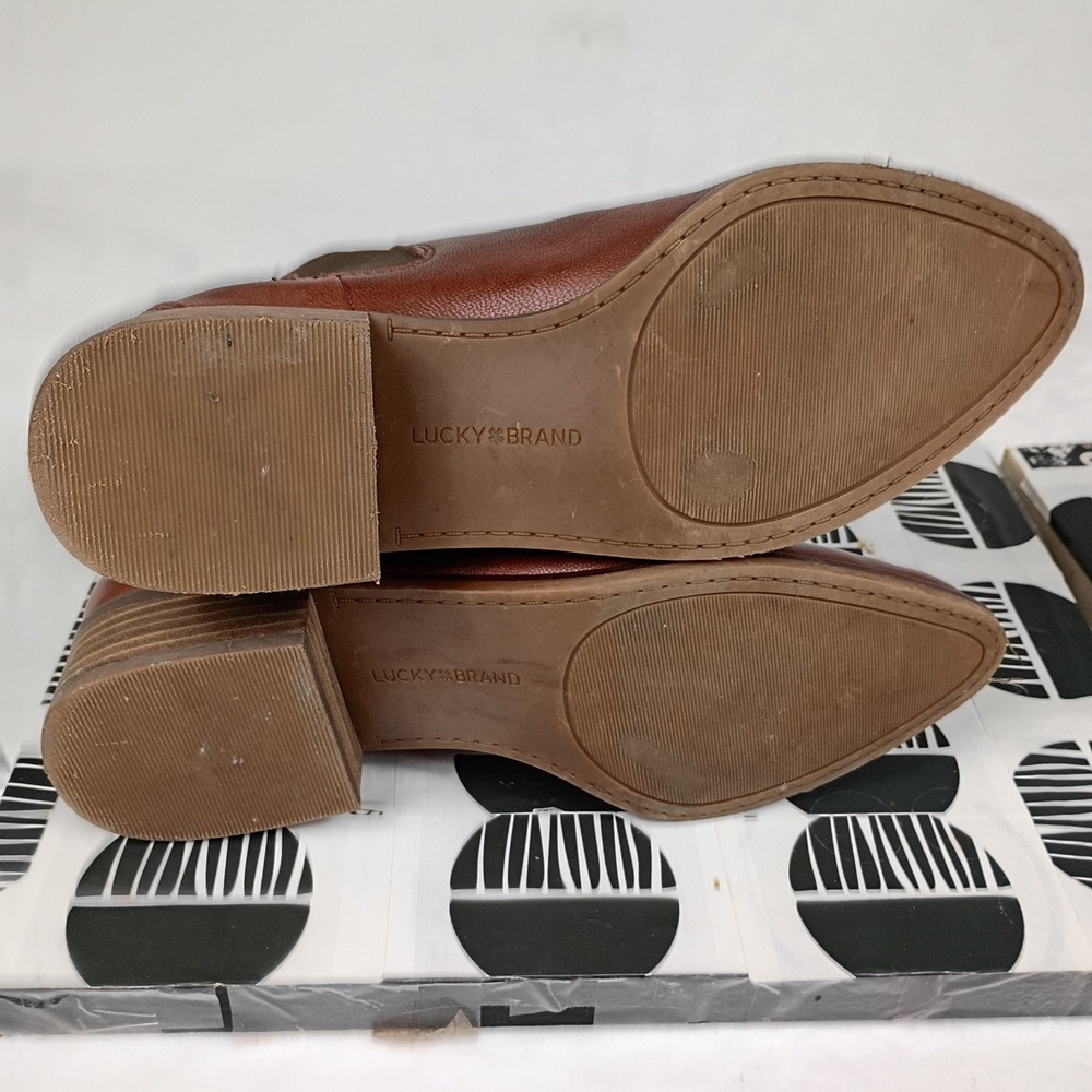 Lucky Brand Basel Brown Leather Chelsea Ankle Boots Women Point Toe Stacked Heel - Picture 8 of 9